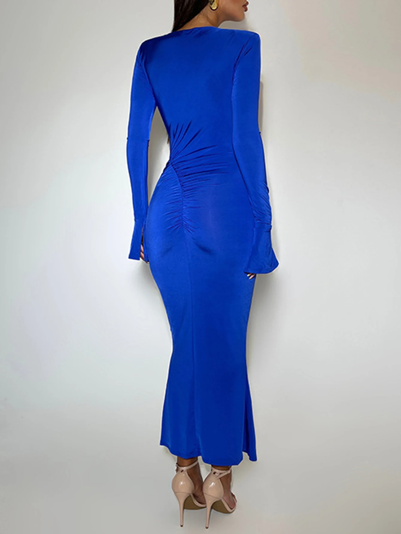 Vestido de fiesta por debajo de la rodilla con cuello redondo y manga larga con corte liso elegante para mujer Vestido informal de moda de otoño