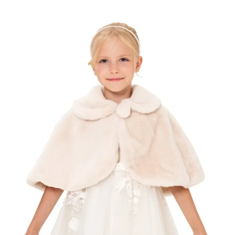 Girls Plush Shawl Elegant Princess Dress Matching Coat Flower Girls Cloak Children Solid Color Lapel Cape Accessories