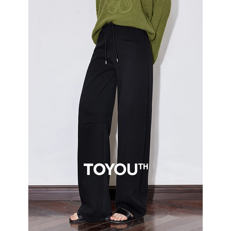 

TOYOUTH Women Casual Pants 2025 Spring New Drawstring Elastic Waist Pleated Wide Leg Sweatpants
