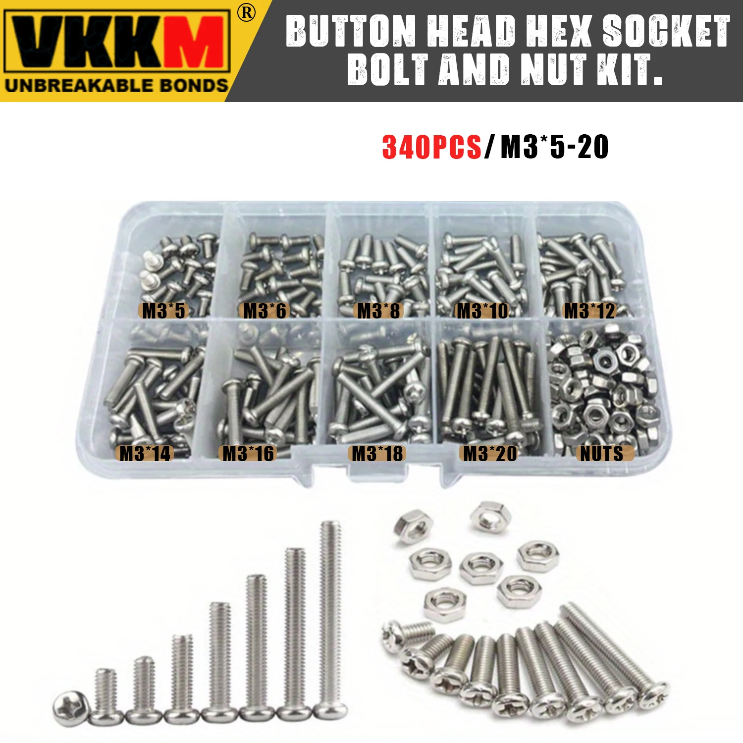 340Pcs M3 304 Stainless Steel Cross Disk Drill Bit Nut Combination Kit M3 Cross Round Head Screw, DIY Tool Screw Nut Kit