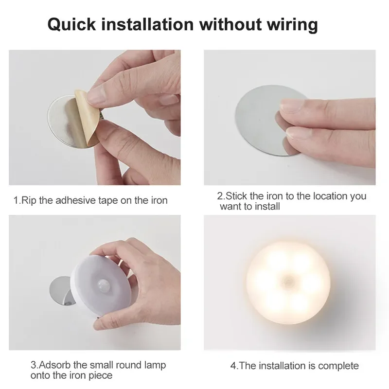 Motion Sensor Light Led USB Night Lights Round Chargeable Wall Lamp for Bedroom Kitchen Stair Hallway Wardrobe Cupboard Lighting