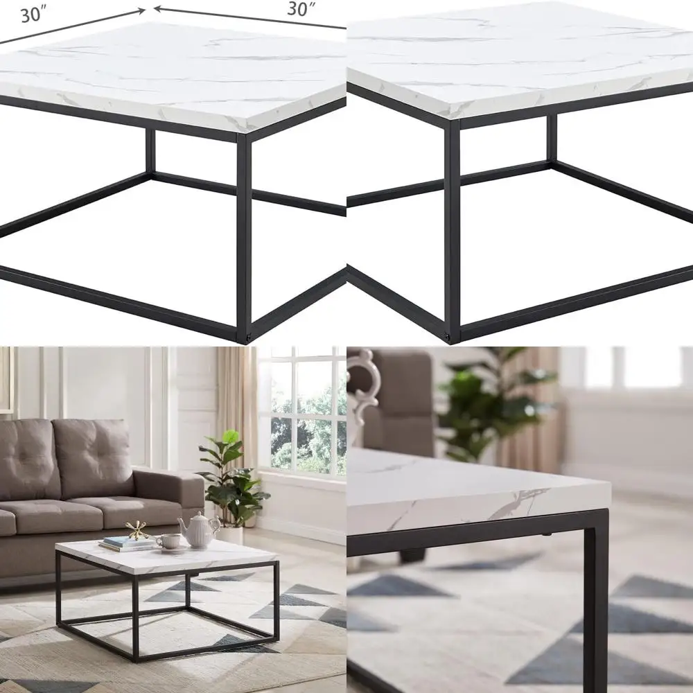 

Modern Minimalist White Faux Marble Coffee Table with Black Metal Frame for Living Room, 30 Square, Thick Wood Top, Sturdy & Eas