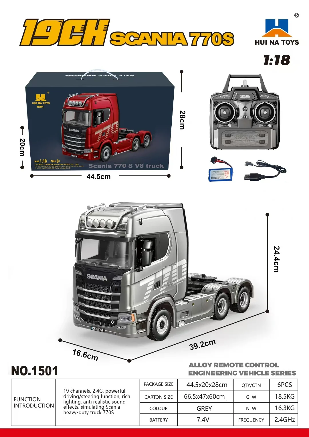 Huina 1/18 RC-Sattelkipper mit elektrischer Hebefunktion für RC-Traktor-LKW 1501 1509, Rücklicht, Stützfuß, ohne Soundsystem, Modellspielzeug