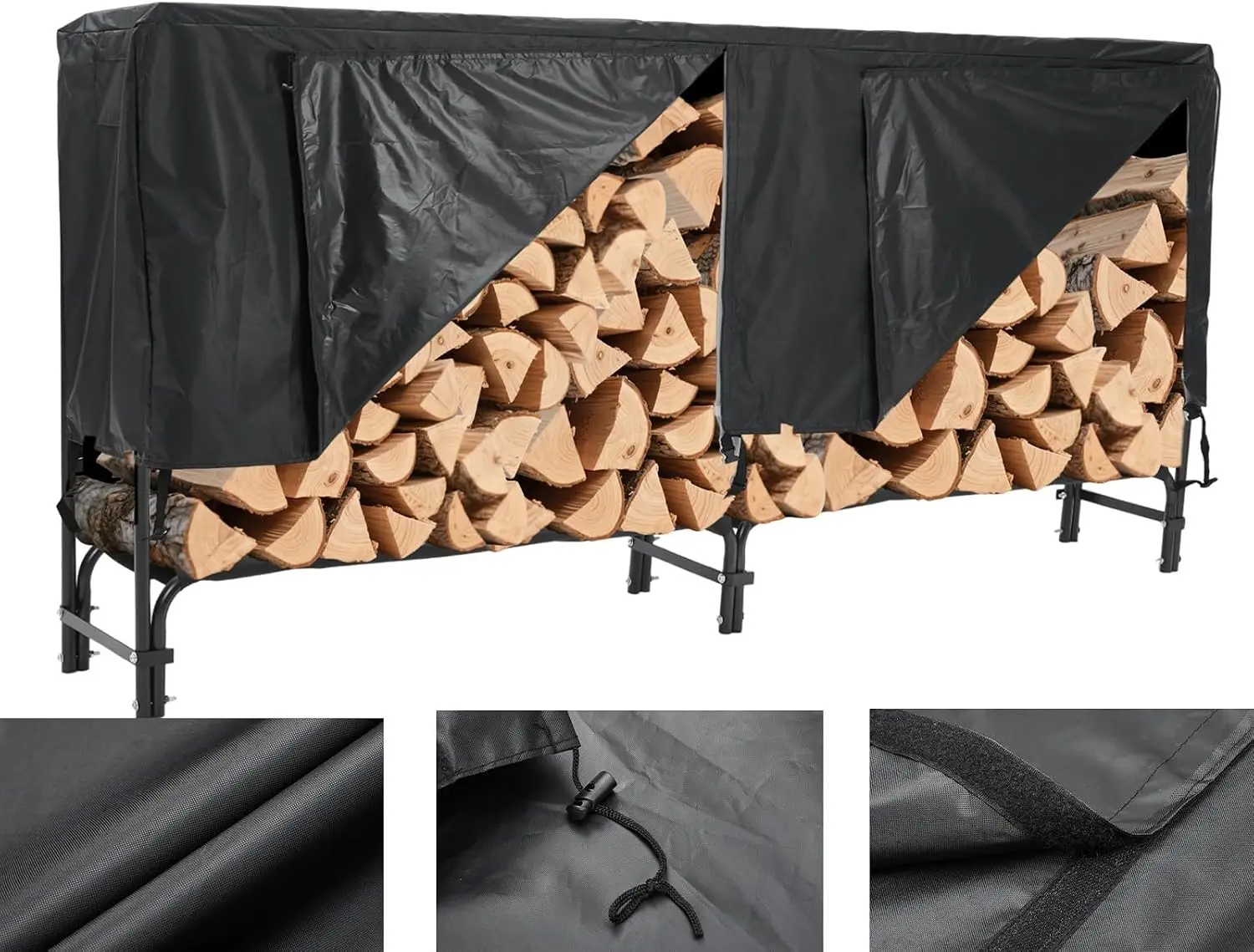 8FT Heavy Duty Firewood Rack with Waterproof Zippered Cover ulti-purpose Log Holder Rust Proof With Weatherproof Black Oxford Fabric Ideal for Fireplace, Patio, Backyard Storage