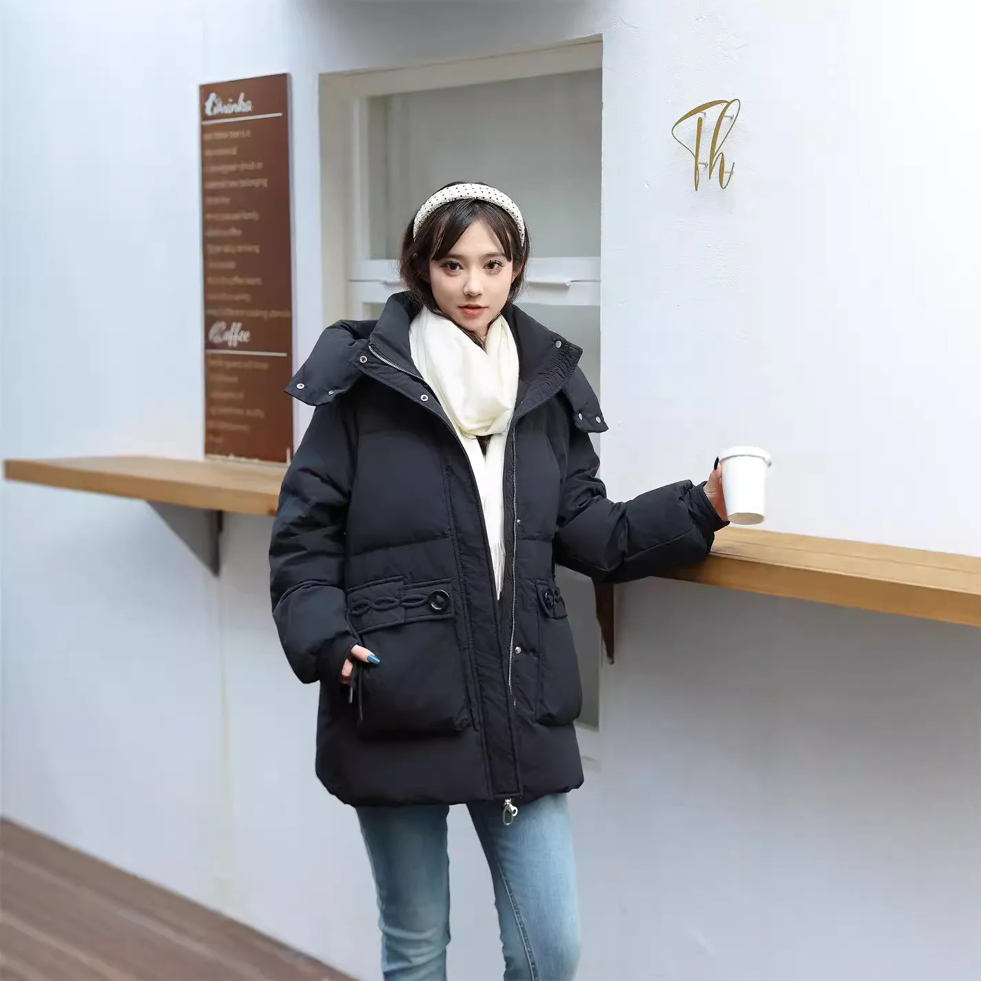 معطف نسائي سميك بغطاء للرأس كبير الحجم، جاكيت أبيض من ريش الإوز، كاجوال دافئ، معطف متوسط الطول، سترة ثلج #5