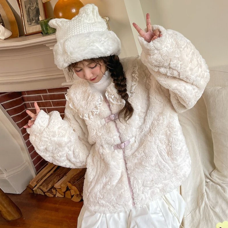 Sweet Girls Kawaii Thicken Plush Doll-collar Jacket Coat Cute College Style Warm Lace Short Coat for Autumn Winter Clothes Women