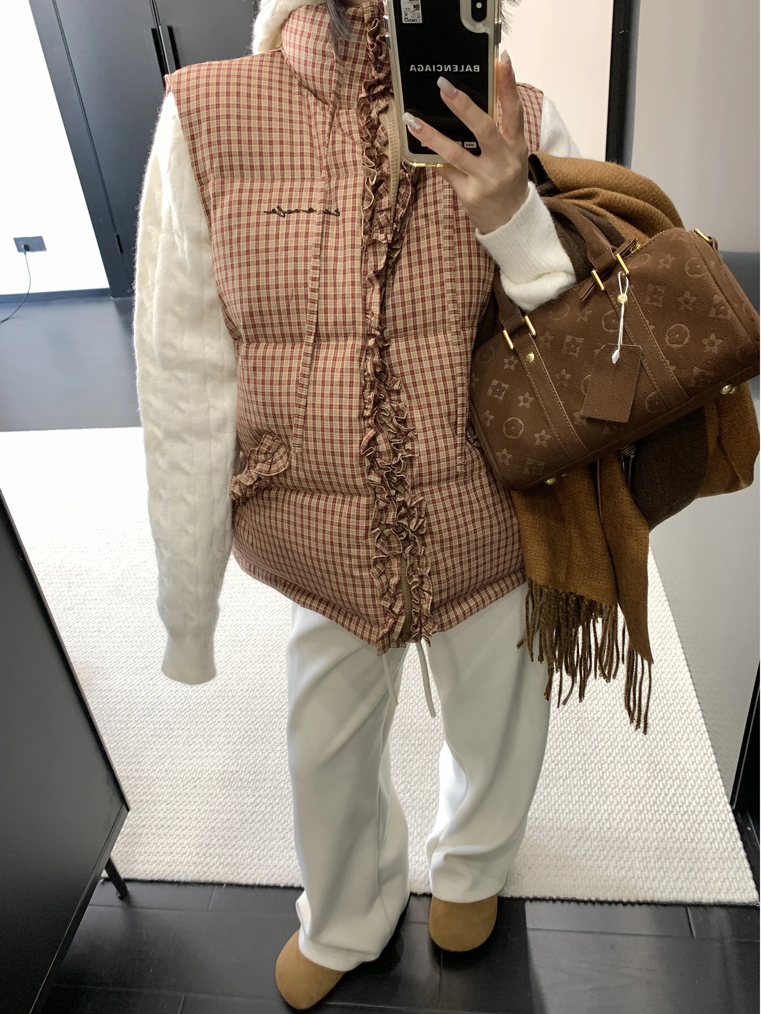 

Retro American Winter Plaid Cotton Vest Women's Design Warmth Svel Cotton Jaet Lace Trim Thiened Long Sve Zipper