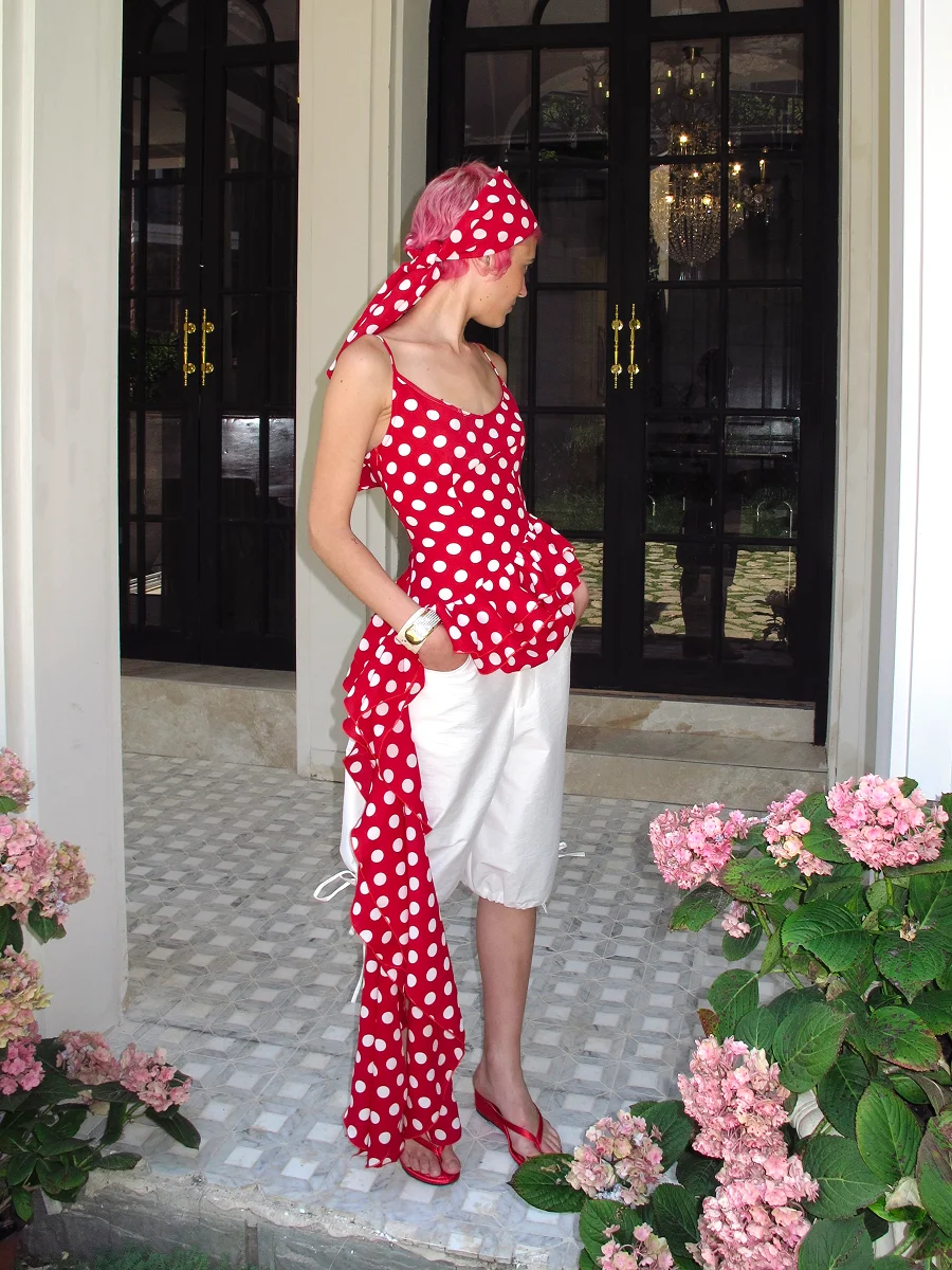 

Красный женский летний топ в горошек с асимметричным подолом, винтажный, с завышенной талией, из полиэстера, H-образный жилет