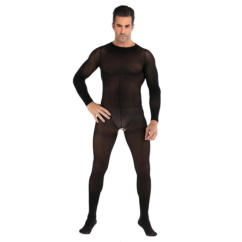 

Male Bodysuit Men Underwear See Through Sleepwear Fashion Thin Sexy Breathable Stockings Long Sleeve Mesh Pajama