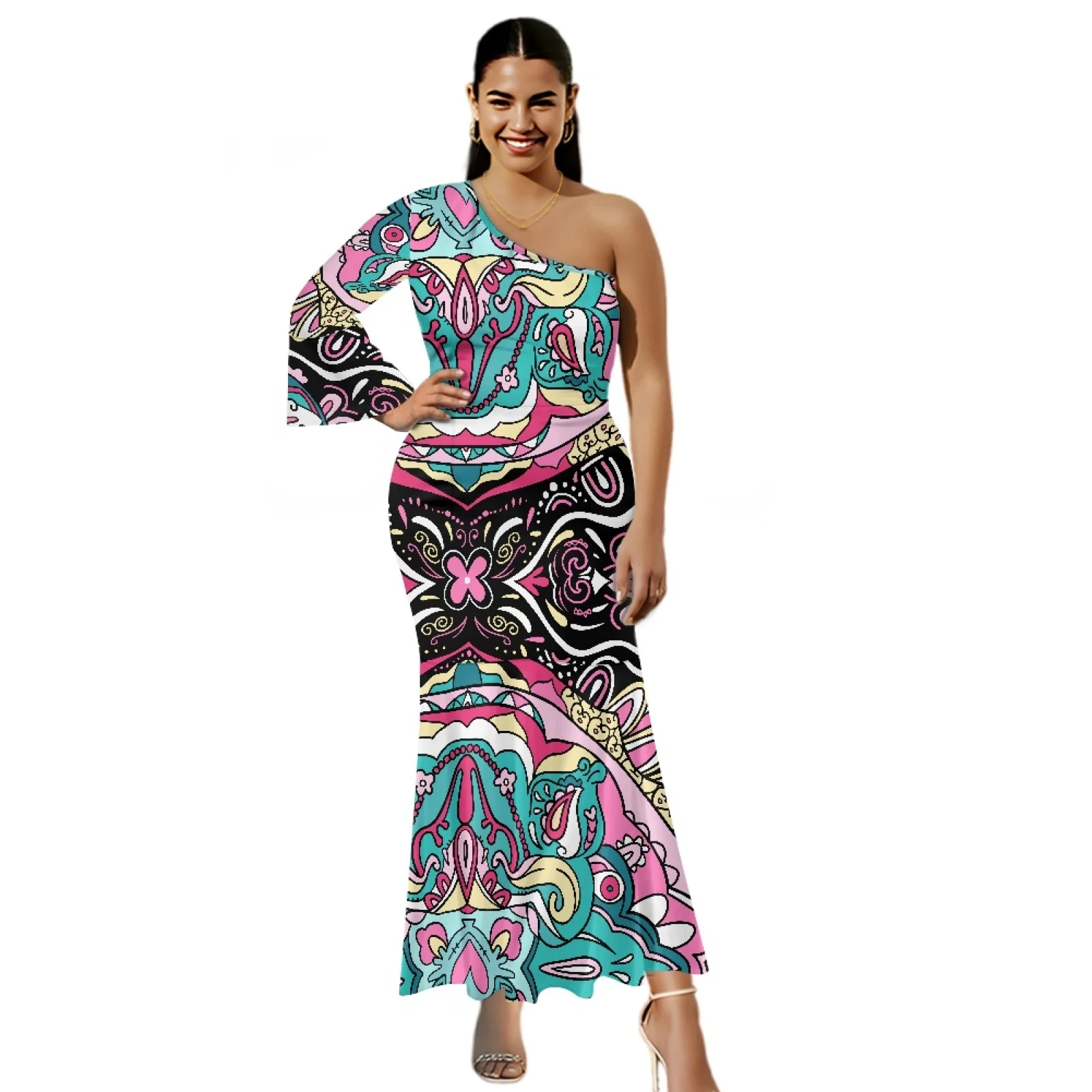 Nova impressão personalizada vestido feminino verão sexy fishtail saia de tecido de alta qualidade vestido único manga longa fora do ombro fishtail ve