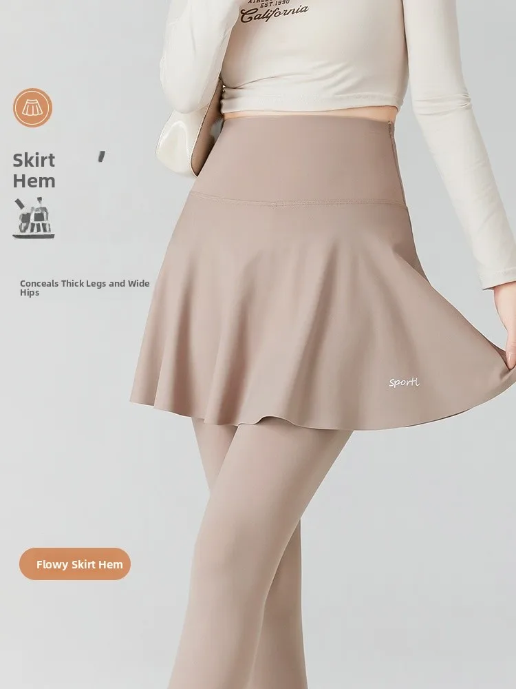 High Waist Yoga Fitn Skirt Pants Women's Spor arkskin Pants Fake Two-Piece Long Leggings Anti-Light Walking orts