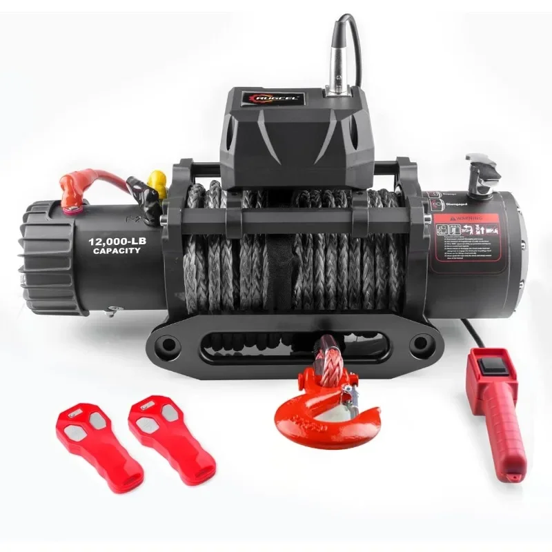 

RUGCEL WINCH 12000lb Waterproof Electric Black Synthetic Rope Winch with Hawse Fairlead