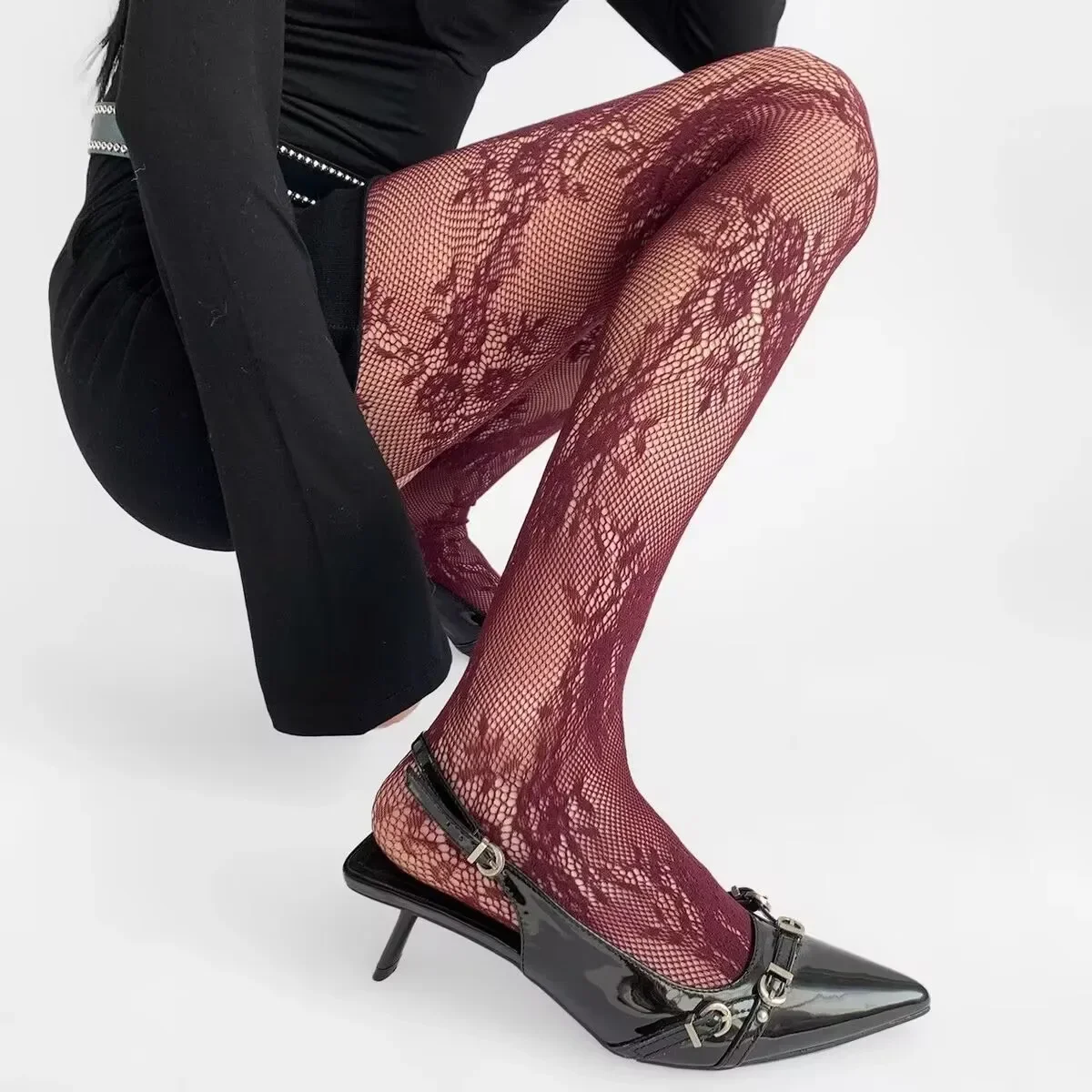1 Pair of Stockings for Women High-grade French Retro Lace Rose Tights High-elastic Tights Hollow Jacquard Slimming Bottoming