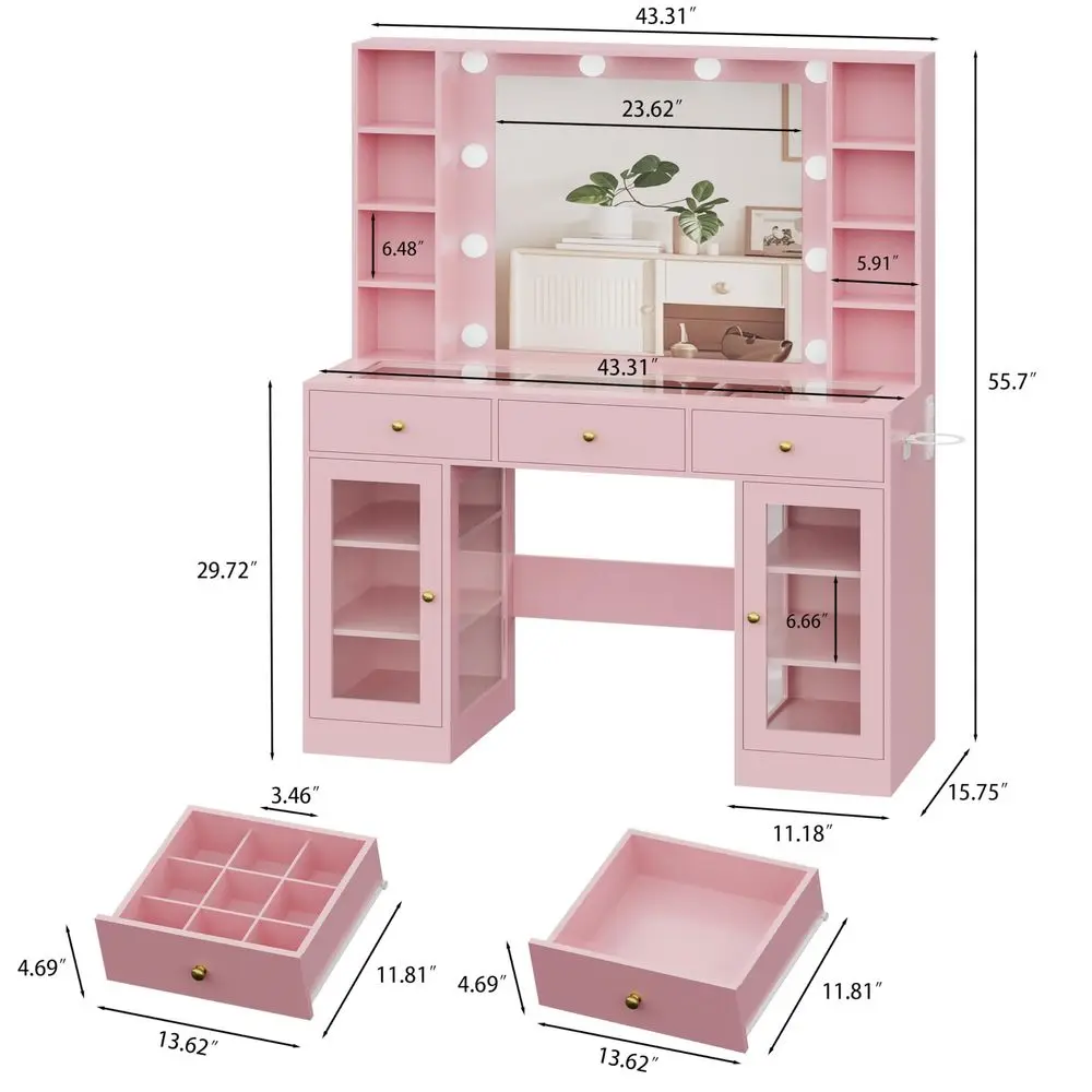 

Pink Vanity Desk with Mirror and Lights, Glass Top Vanity with Lighted Mirror amp RGB Glass Cabinet and 3 Drawers, Makeup Vanit