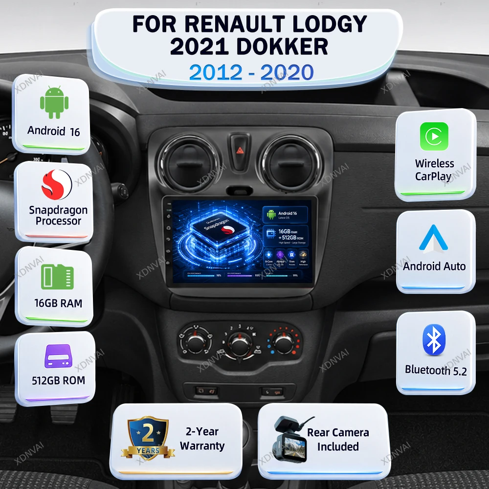 Android 16 Video Player For Renault Lodgy 2021 Dokker 2012 - 2020 Multimedia Car Radio 4G LTE Navigation DSP Audio Auto Carplay