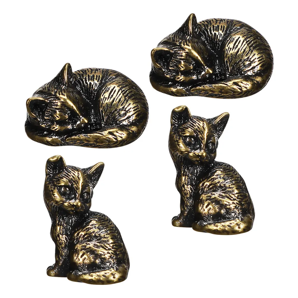 4Pcs Brass Cat Figurines Vintage Fortune Cat Decor Set for Desk Bookshelf Coffee Table Home Office Feng Shui Wealth Luck Decor