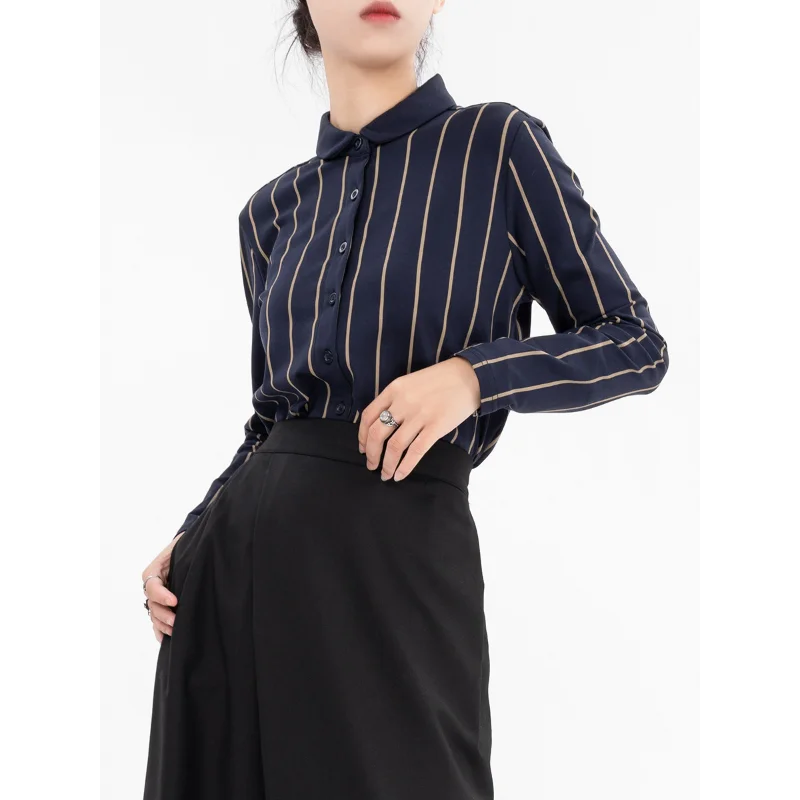 Autumn Elastic Vertical Striped Shirts Women Knitted Cotton Blouses Long-sleeved Shirt Looks Thin Reduces Age Ingot Collar Tops