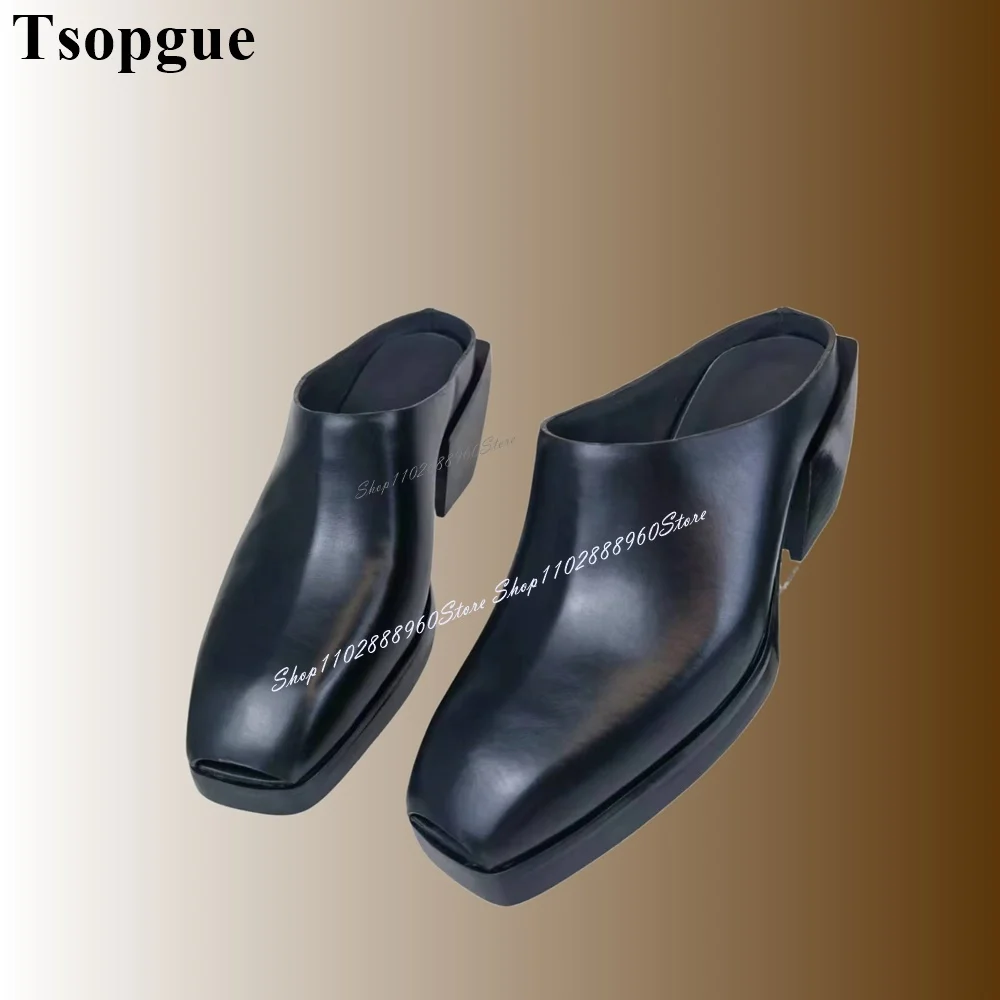 

Western Runway Black Leather Men's Half Slippers Men Shoes Thick Heel Slip-On Casual Party Shoes 2024 Fashion Zapatillas Mujer