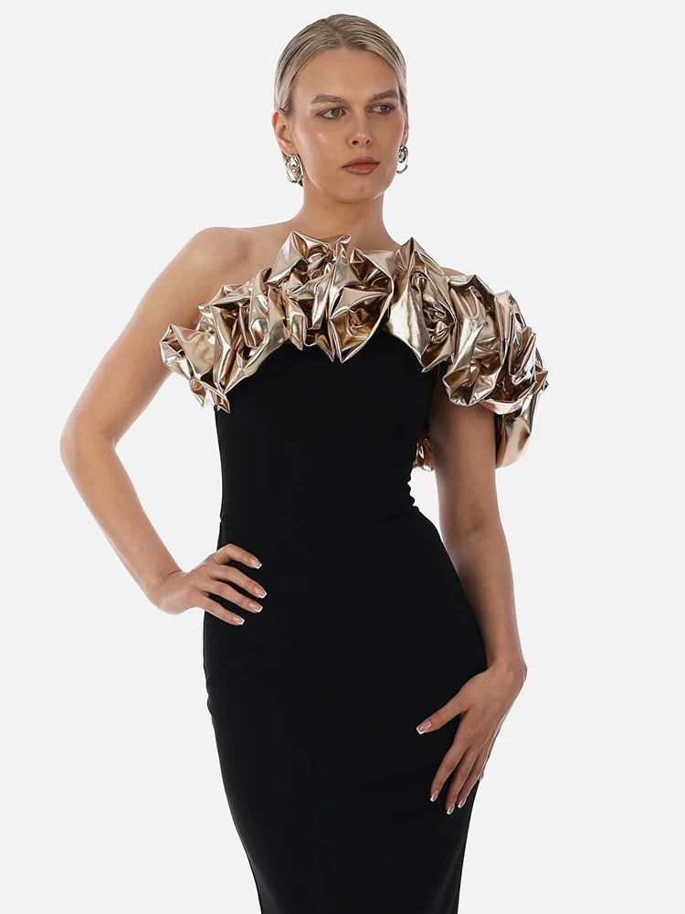 

New Sexy One Shoulder Fashion Flowers Clothes 2025 Club Party Elegant Bandage Midi Dress