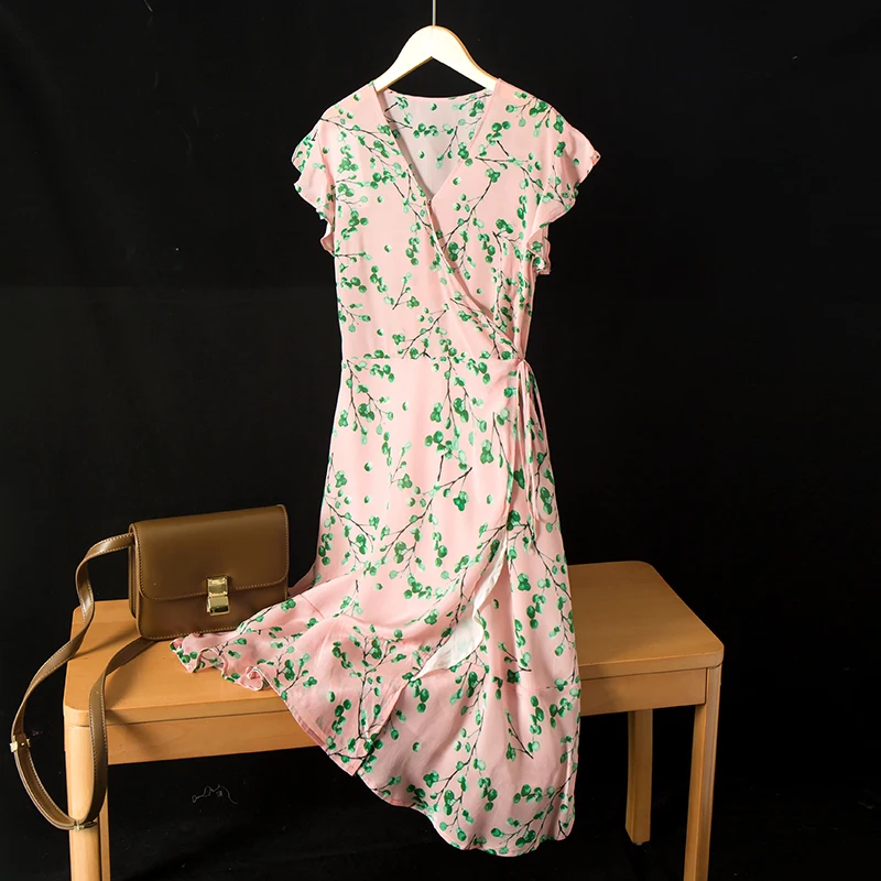 Vestido Midi de Seda con Estampado, Cintura Ajustable con Cinturón, Estilo Casual, Corte en A, Cuello en V, Manga Corta