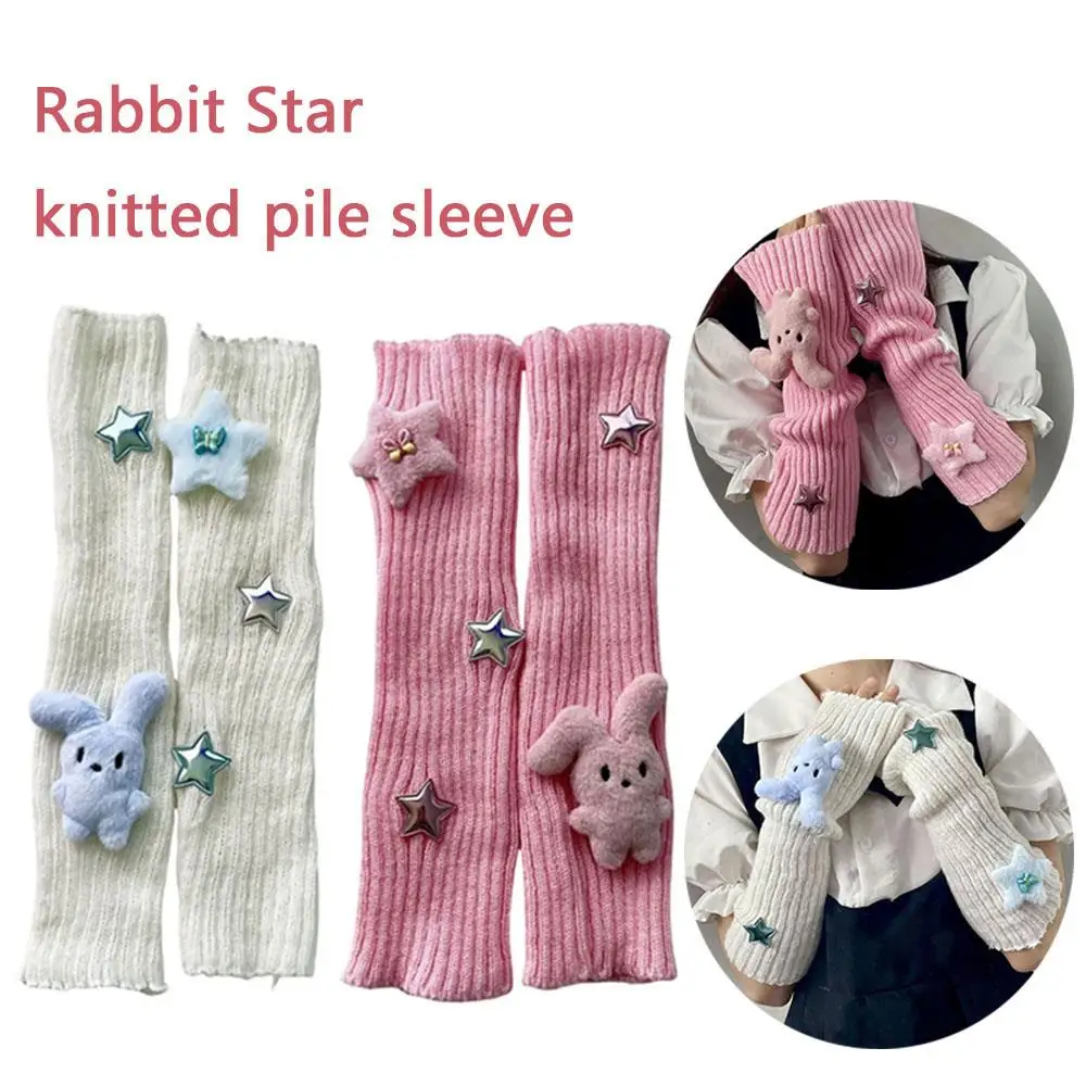 Manicotto da braccio in maglia da donna Y2k Star Rabbit Guanti senza dita Manicotto da braccio lavorato a maglia caldo invernale Guanti da polso lunghi Guanti punk gotici