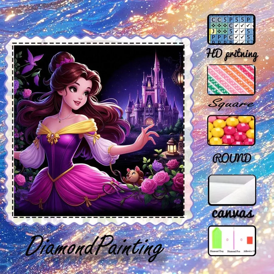 1 Stück - Potdemiel-5D-DIY - Beflockter Stoff - Spezialbohrer - Diamantmalerei-Set - Prinzessin, Schloss - Diamantkunst