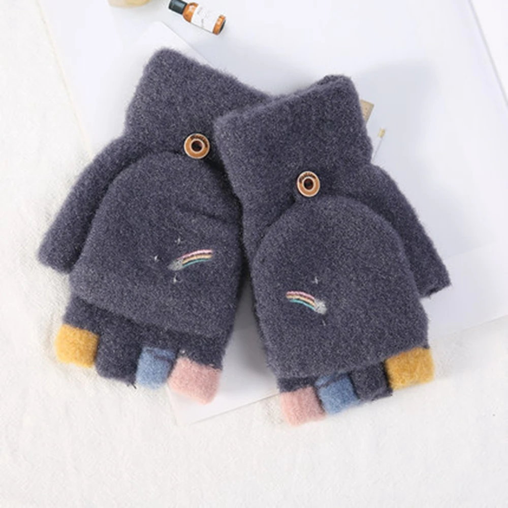 New Girls' Fingerless Warm Gloves Cute Embroidered Rainbow Winter Half-finger Gloves Students Knitted Plus Velvet Flip Mittens