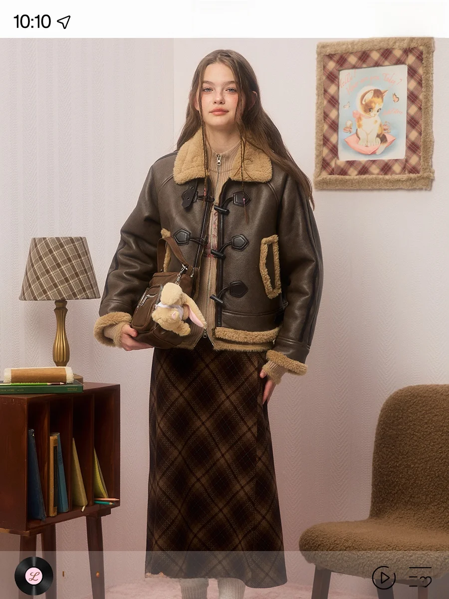 

LOLOL ® 24AW Women's Fce Lined Lamb Fur Jaet Biker Sle Coffee Color Outerwear Autumn Winter Straight Cut Commute Faion