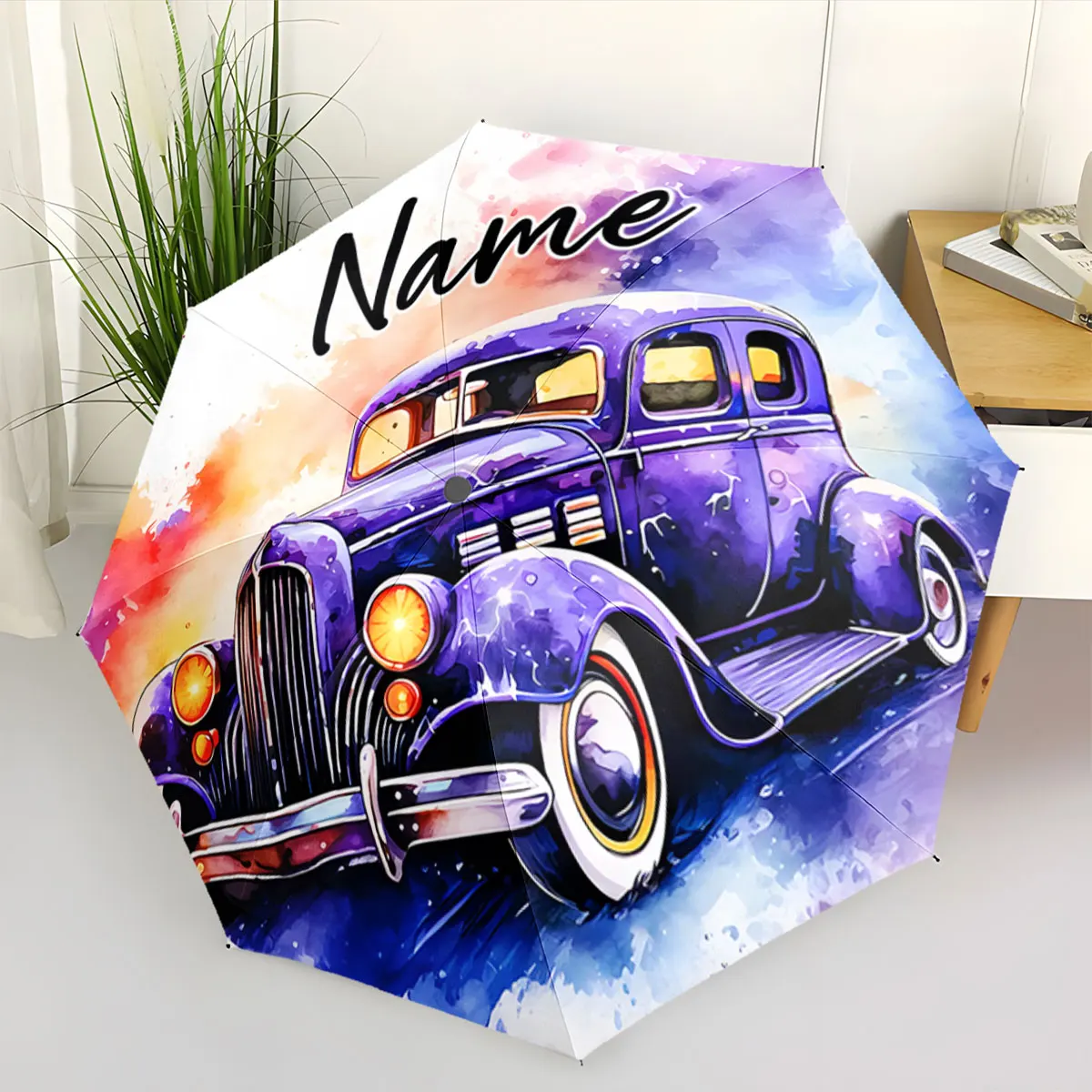 Custom Name Vintage Car Art on Colorful Umbrella Print 8 Iron Ribs Folding Umbrella, Auto-Open Fashion Sunshade