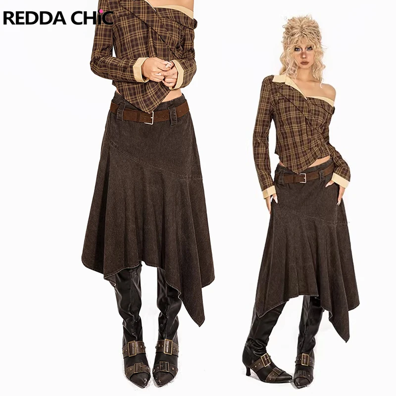 

Асимметричная женская джинсовая юбка REDDACHiC, коричневая, с эффектом потертости, с низкой талией, А-силуэт, струящаяся, с оборками, миди, длинная, в стиле вестерн, винтажная, уличная мода