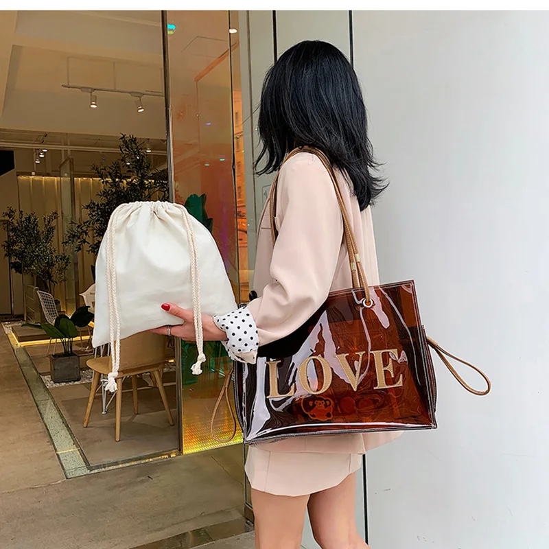 

Single Shoulder Large Bag Women's Summer New PVC Fashion Letter Korean Versatile Large Capacity Tote Bag Transparent Bag
