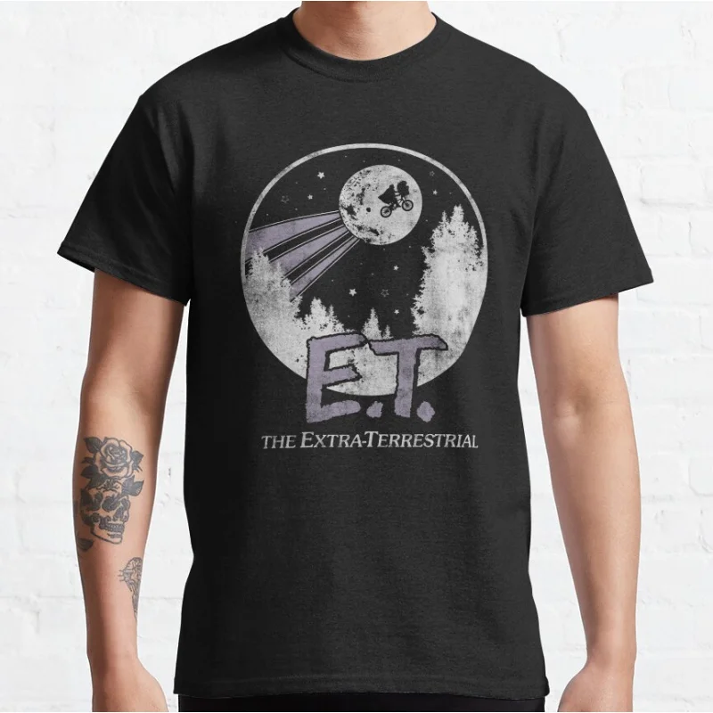 E.T. The Extra-Terrestrial Moon Poster 80s Horror movie Alien Sci fi Short-sleeve crewneck T-shirt large size Adult Tops S-6xl