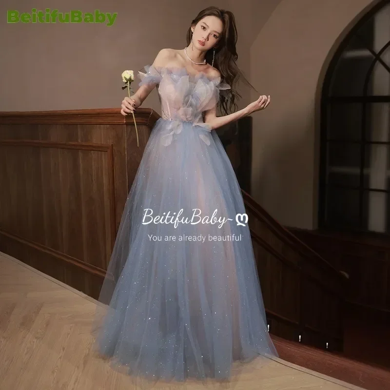 BeitifuBaby Women's Evening Dress One Shoulder Colored Gauze Off The Shoulder Starry Sky Gradient Fairy A-line Party Dresses