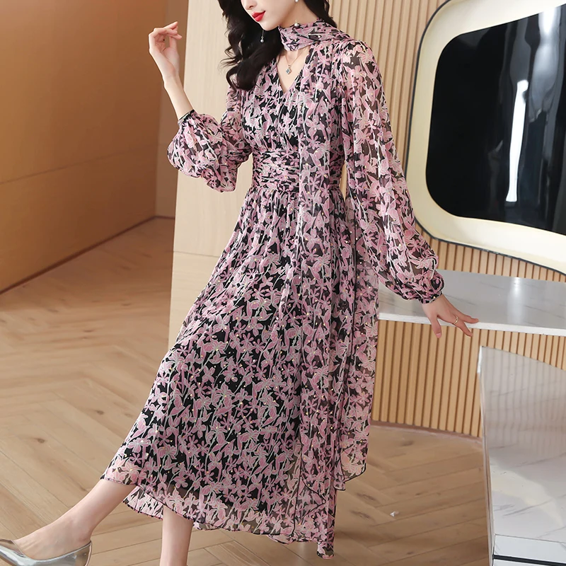 

2024 Spring New Silk Satin Long sleeved Women's Dress V-neck Loose Waist Slimming Fashion Style Printed Chiffon Long Dress