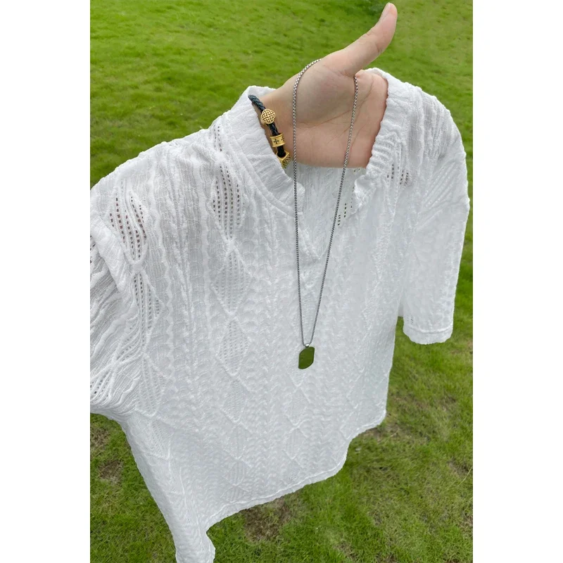 Mens V Notch Henley Neck Short Sleeve Shirt Hollow Weave Jacquard Texture Loose Fit For Weekend Gathering Outfit