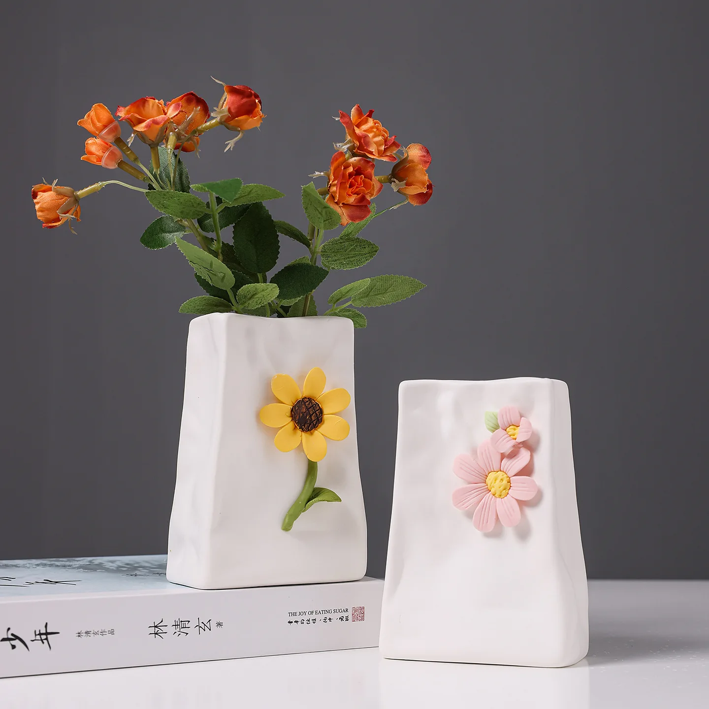 New Chinese Style Ceramic Vase Handmade Wrinkled Paper Bag Design Frosted White Flower Pot Home Decor
