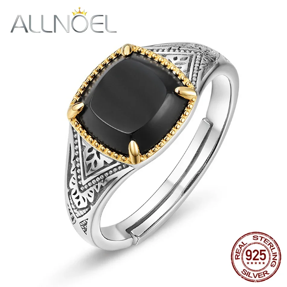

ALLNOEL Natural Black Agate Ring 100% Solid 925 Sterling Silver Ring for Women Men LuxuryJewelry Wedding Rings Adjustable New