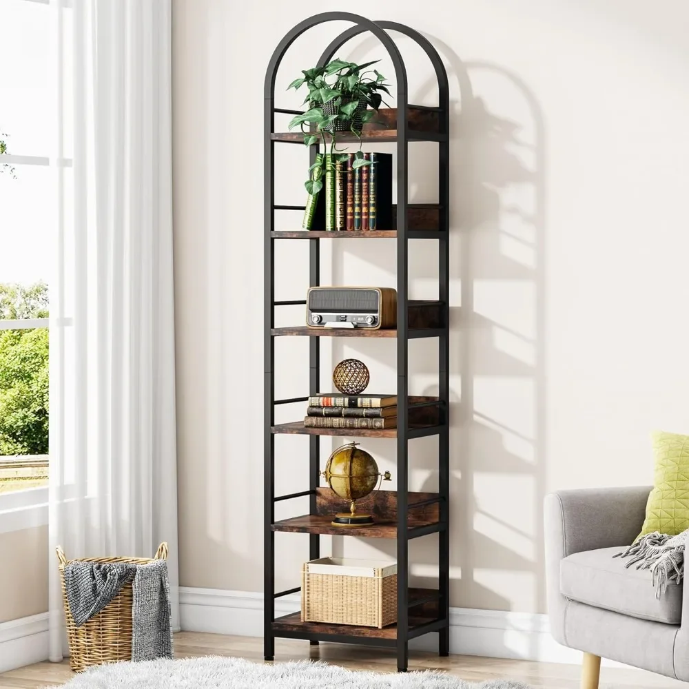 

78.7" Tall Bookshelf, Industrial Wood 6-Tier Bookcase, Arched Narrow Bookshelf, Ladder Shelf Storage Organizer