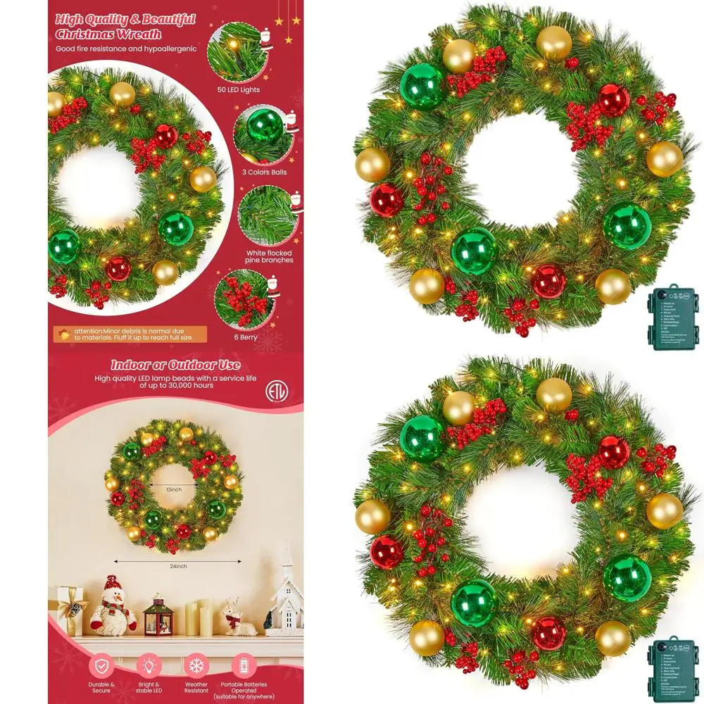 

24 рождественских веночка с подсветкой и 50 светодиодными лампами, праздничными зелеными и золотыми акцентами, сосновыми шишками и красными ягодами для дверей или окон.