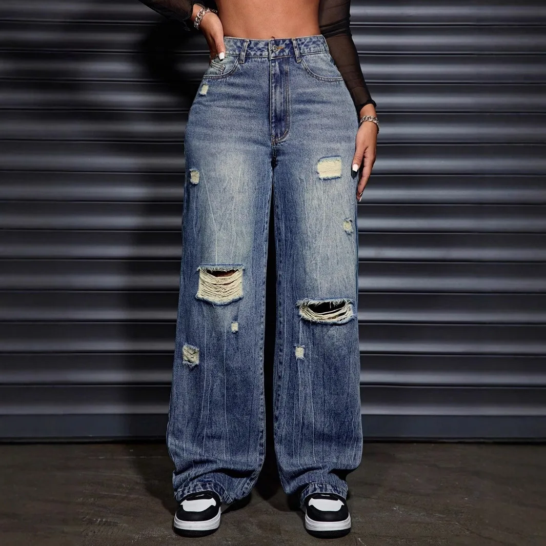 

Europe and America Casual Loose Washed Ripped Wide Leg Jeans, Women's Four Seasons' New Fashion High Waist Straight Leg Jeans