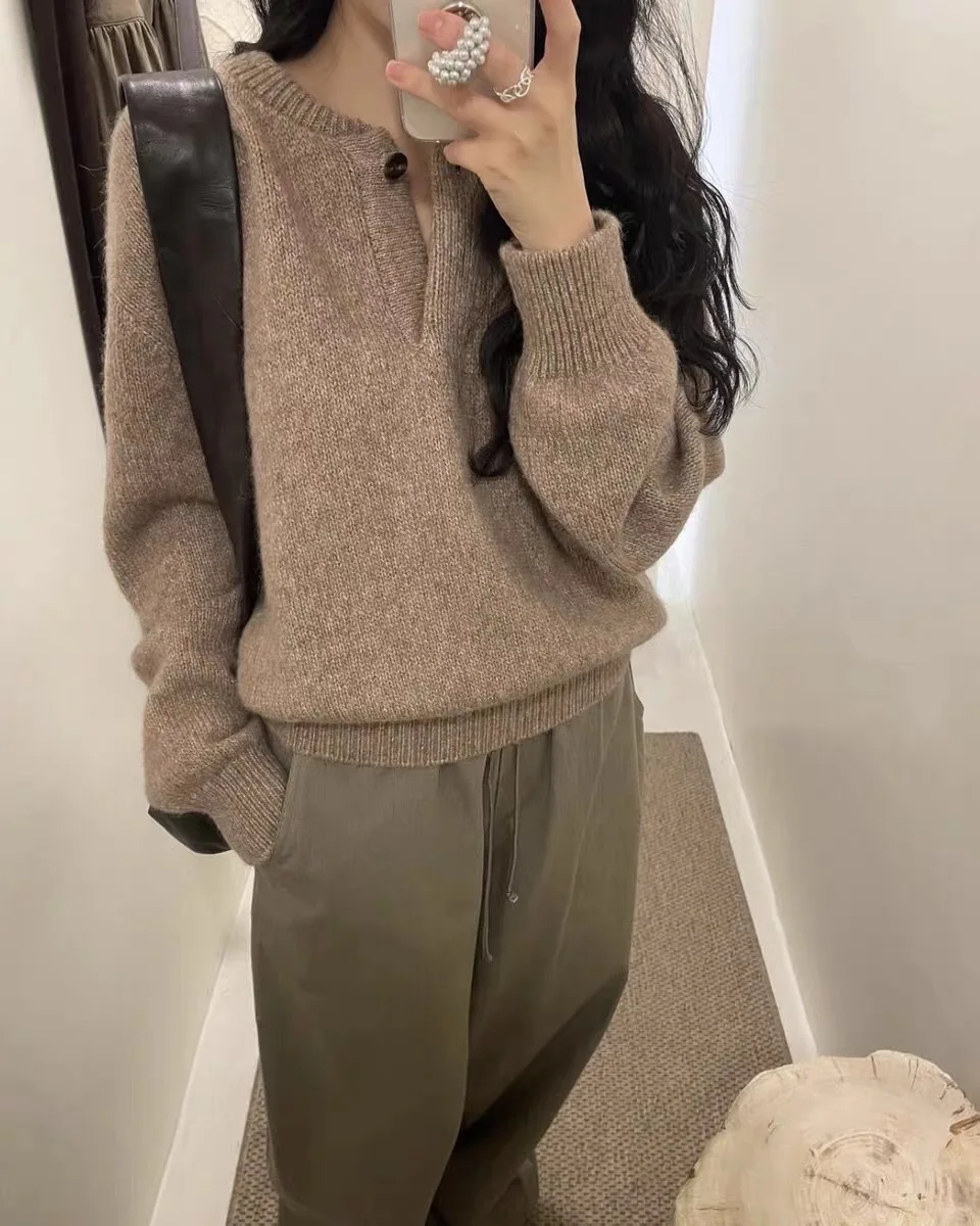 

Ele Pure Color Henry Collar Button Knitted Sweater Women's Loose Fit Woolen Long Sve round Ne Pullover Winter New Ar...