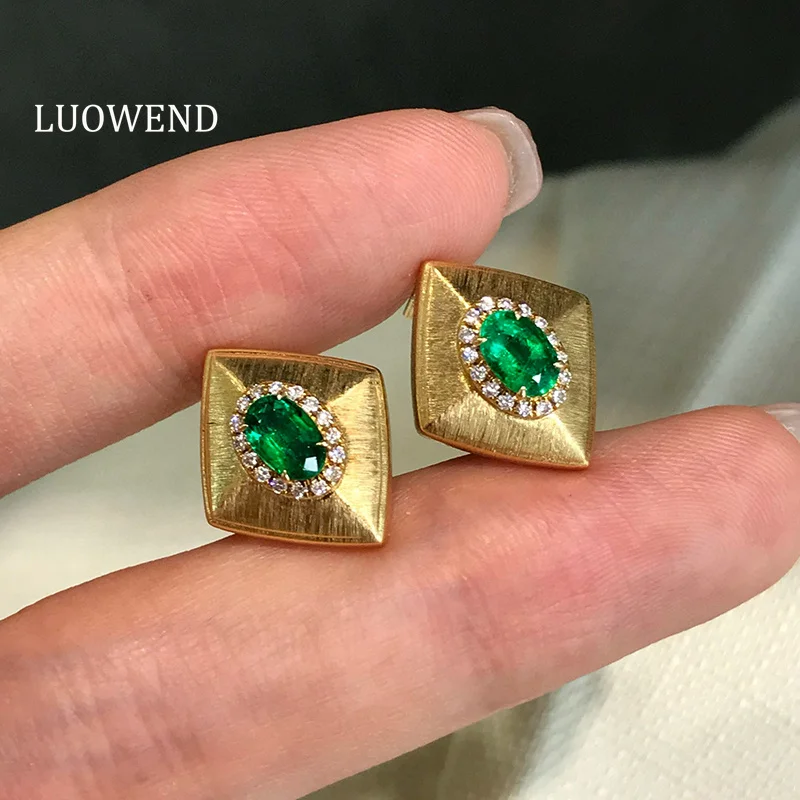 

LUOWEND 100% 18K Yellow Gold Earrings Women Vintage French Style Shiny Diamond Natural Emerald Gemstone Earrings Fine Jewelry