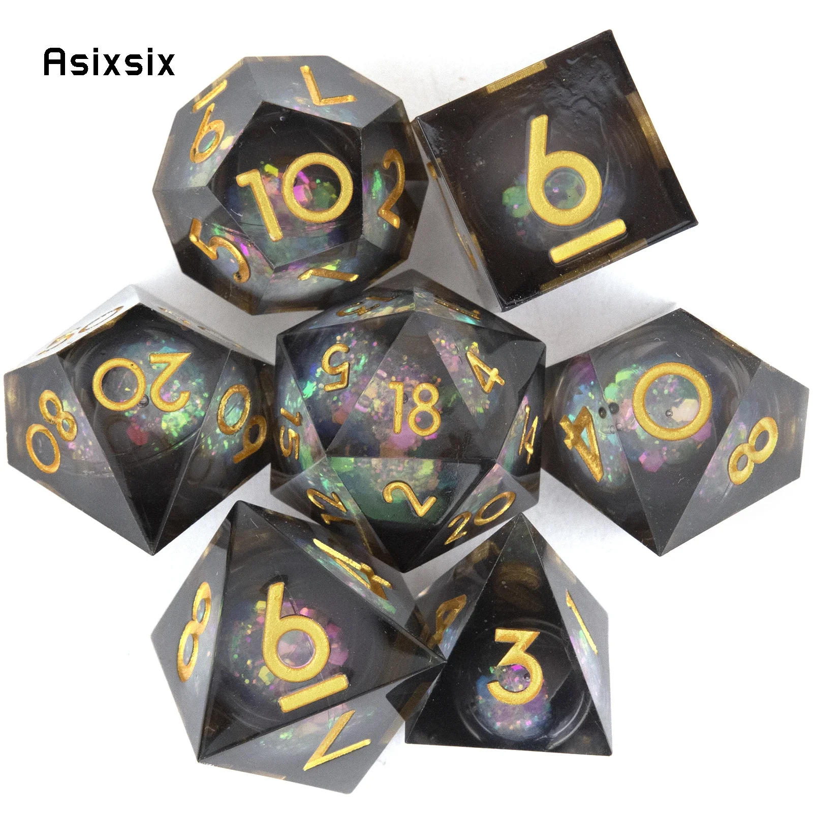 

7 Pcs Black Flowing Sand Golden Number Sharp Edge Resin Dice Polyhedral Dice Suitable for Role-Playing RPG Board Game
