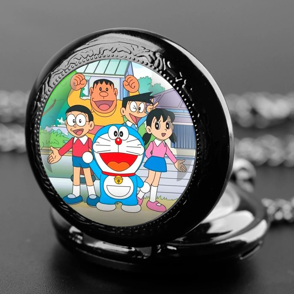 Jam tangan saku Quartz desain Doraemon, jam tangan saku rantai suvenir angka Arab dengan kepribadian hadiah anak-anak