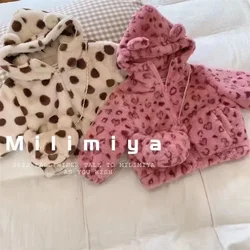 Coat Korea Childrens Clothing Autumn Winter Pink Leopard Print Curry Color Dots Boys Girls Tops 2023 Zipper Simple