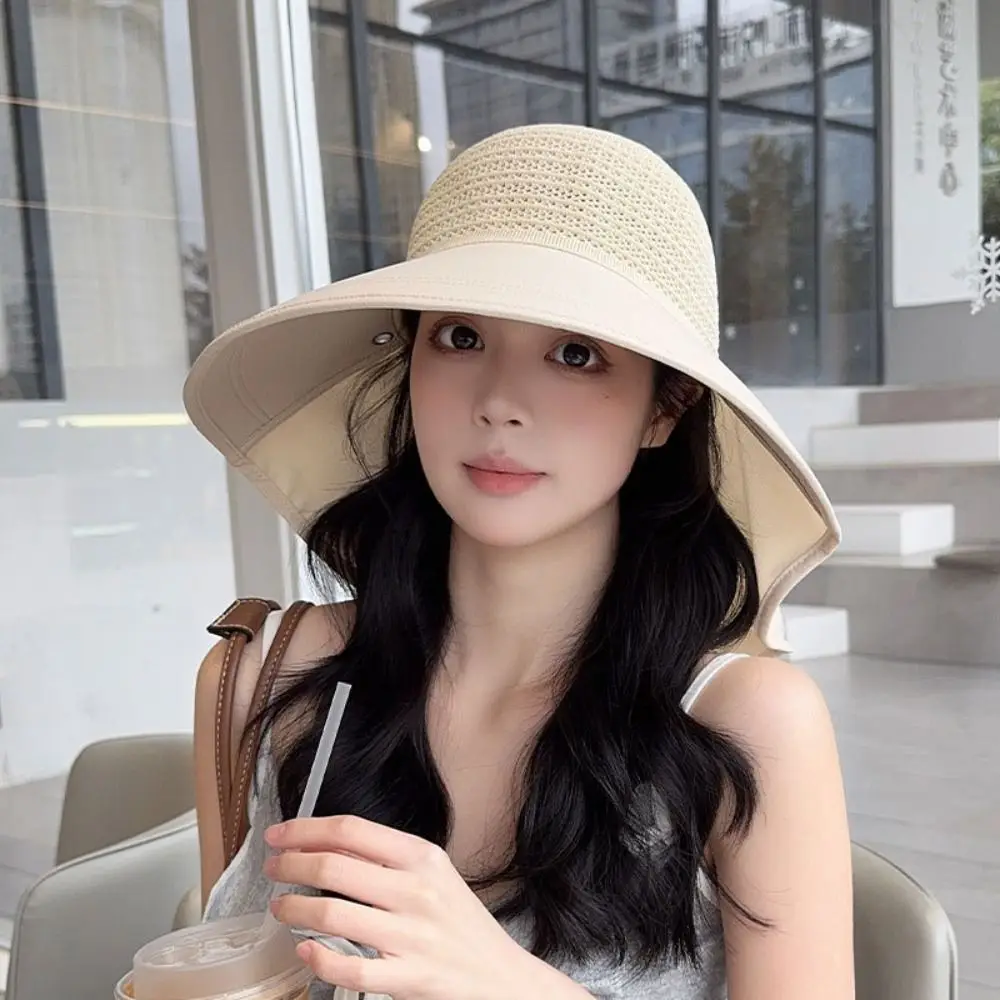 

Simple Elegance Large Brim Sun Hat Breathable Anti-UV Wide Brim Sunhat Solid Color Wind Proof Beach Bucket Cap Sun Supplies
