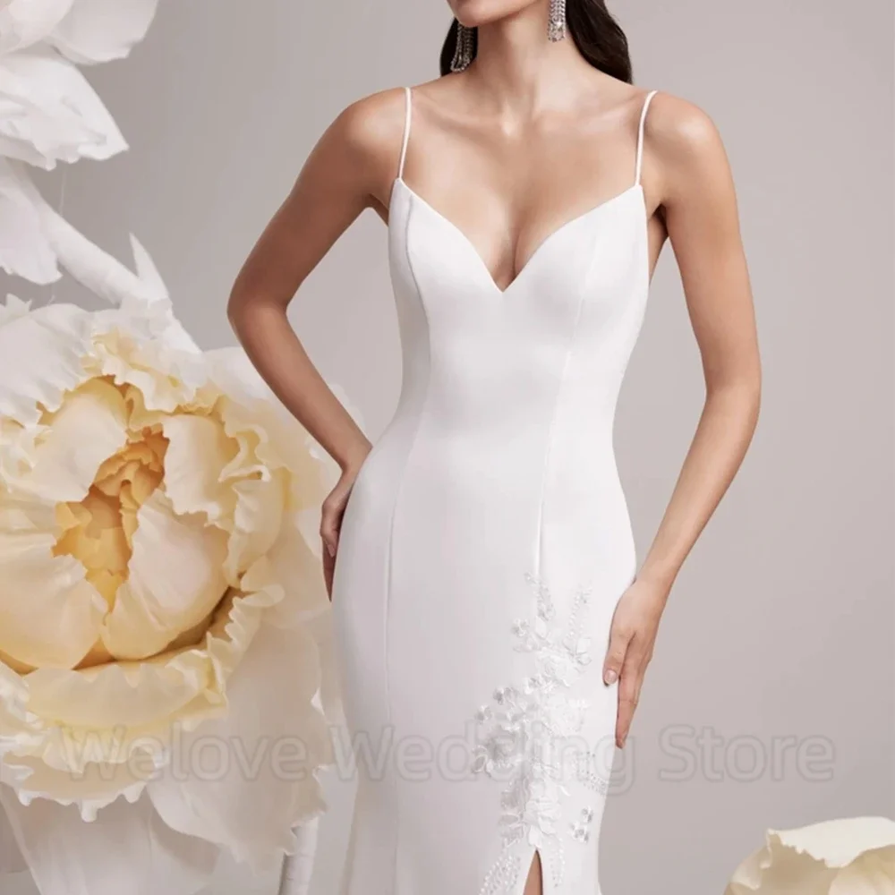 클래식 스파게티 스트랩 머메이드 웨딩 드레스 신부용 브이넥 사이드 슬릿 아플리케 장식 바닥 길이 백리스 슬리브리스 가운