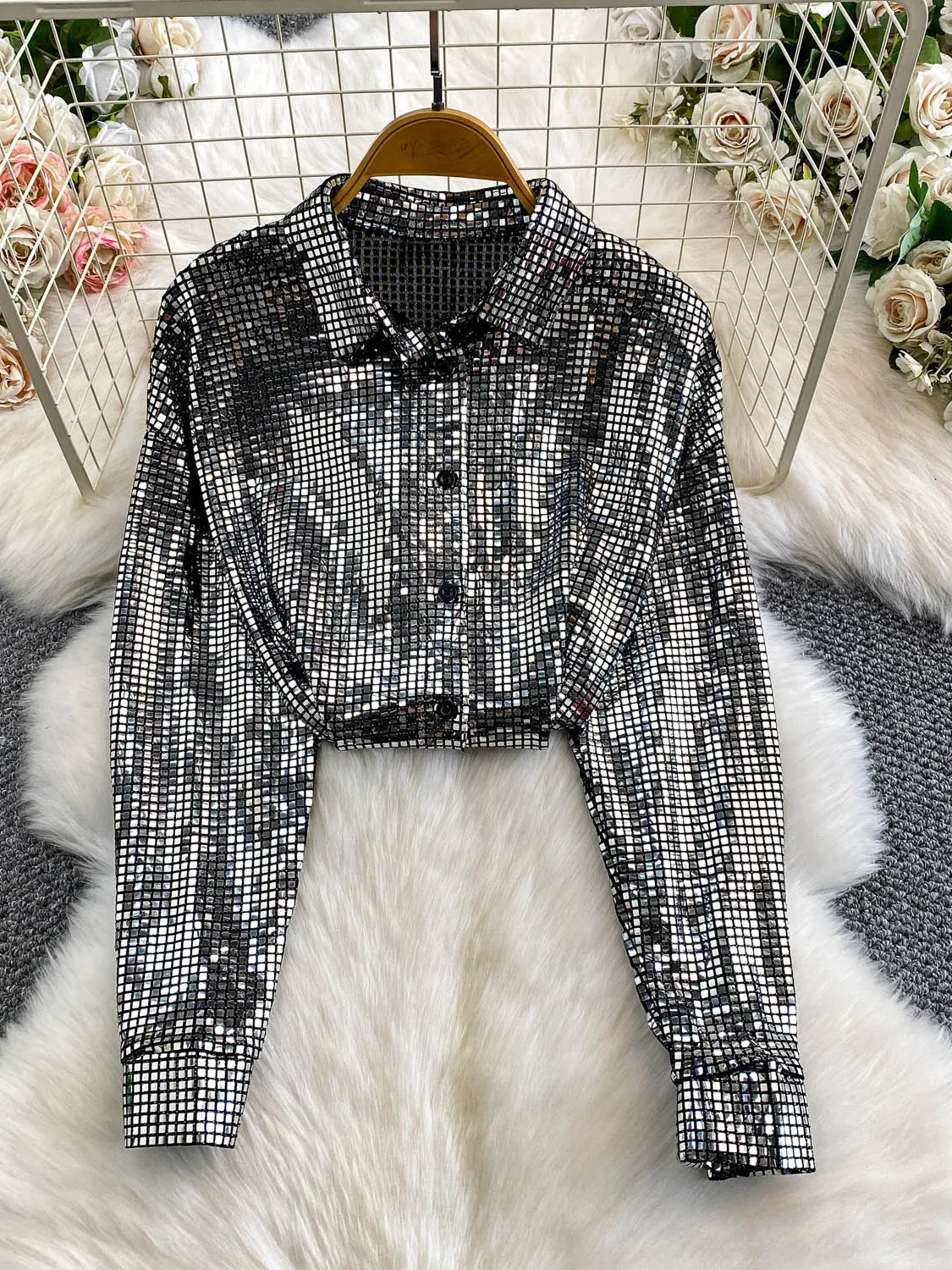 Ele الثقيلة المعادن الترتر الوقوف طوق irt المرأة فضفاضة التخسيس ملابس خارجية لأداء المرحلة الشتاء Faion السيدات #3