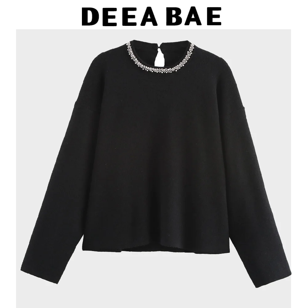 

DEEABAE зимняя одежда, женский стиль для девочек, инкрустированный ювелирным изделием, свитер с длинными рукавами и круглым вырезом, милый модный пуловер