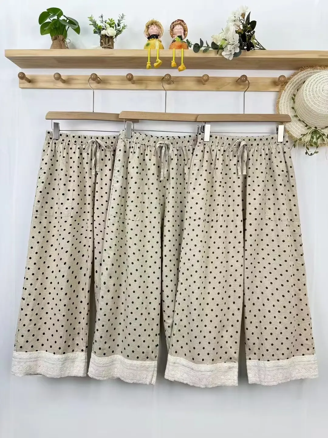 

Summer Sweet Dot Embroidered Pants Women Elastic Waist Casual Wide Leg Pants